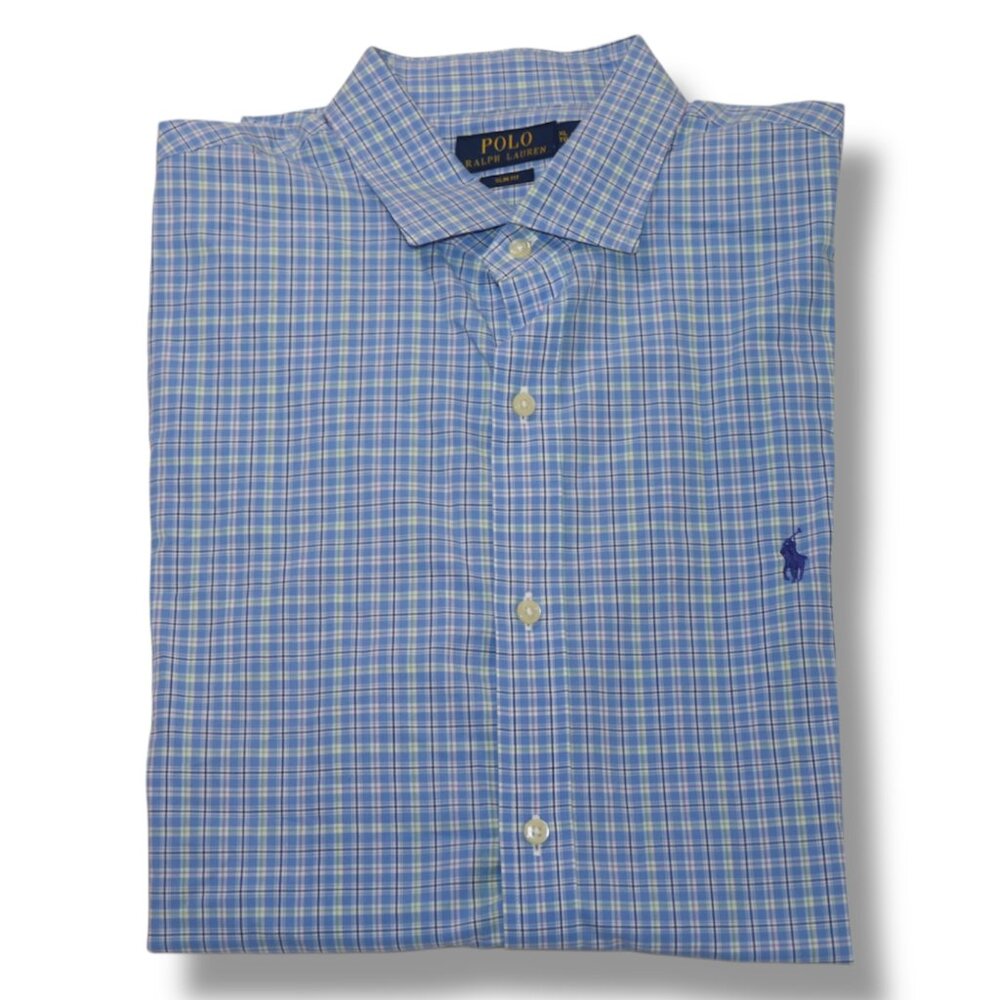 Polo Ralph Lauren Mens Slim Fit Button Down Shirt Blue Yellow Plaid Size XL 17